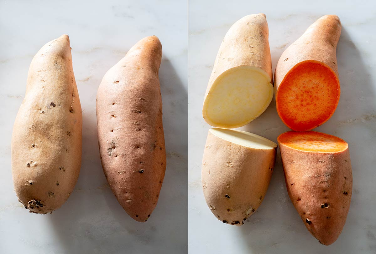 A white sweet potato and an orange sweet potato.