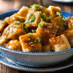 Fried honey sesame tofu in a small bowl.