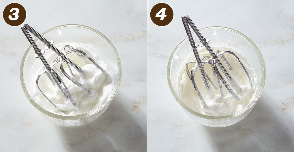 Whipped cream and whipped egg whites in bowls.