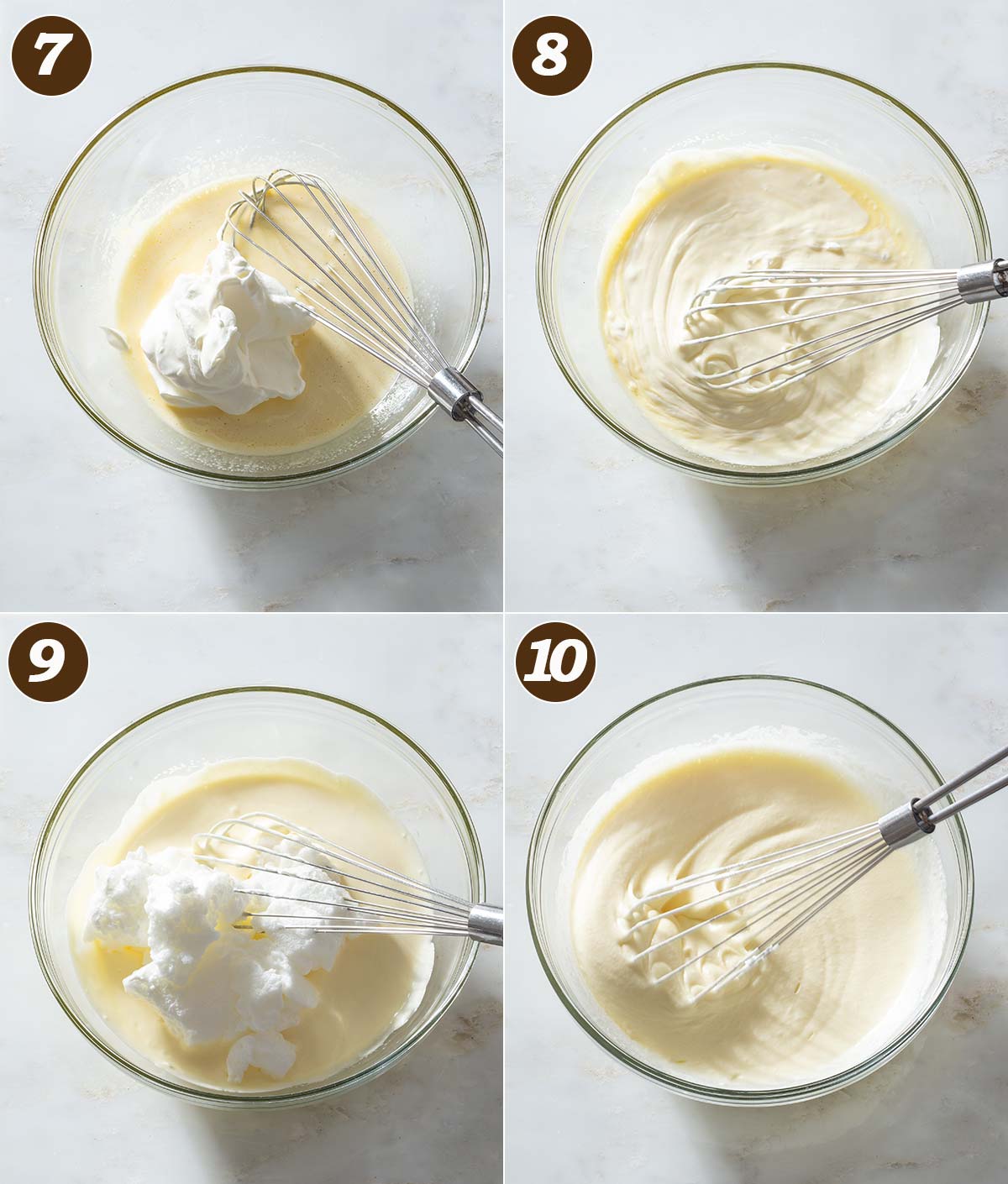 Whipped cream and whipped egg whites being whisked into custard.