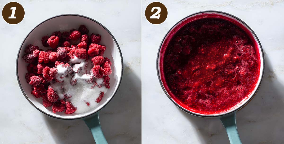 Raspberry sauce in a saucepan before and after cooking.