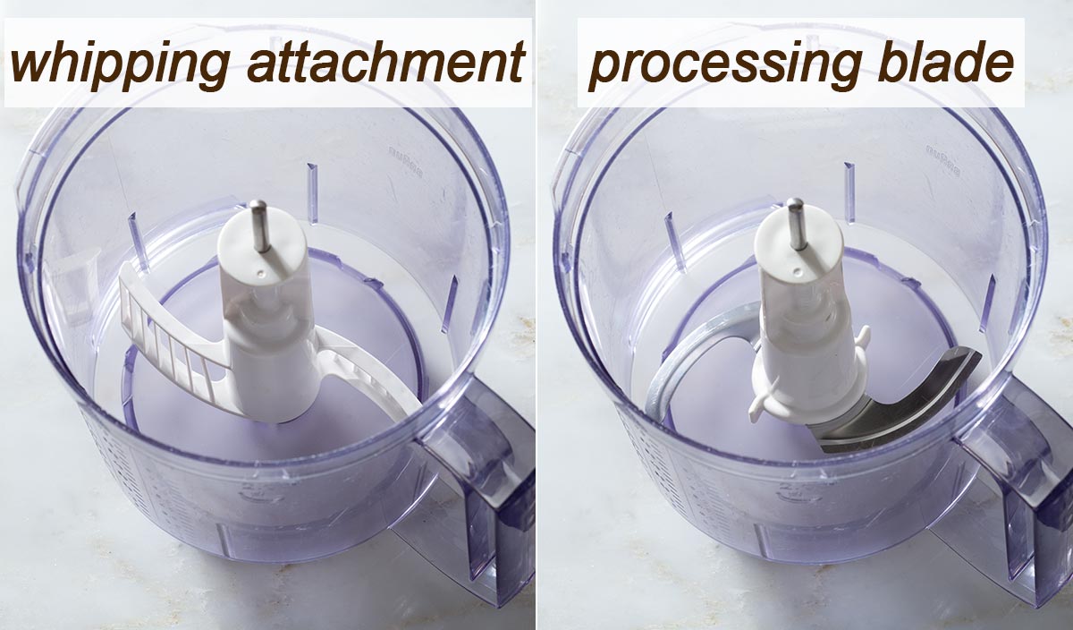 Food processor with a whipping attachment and a blade.