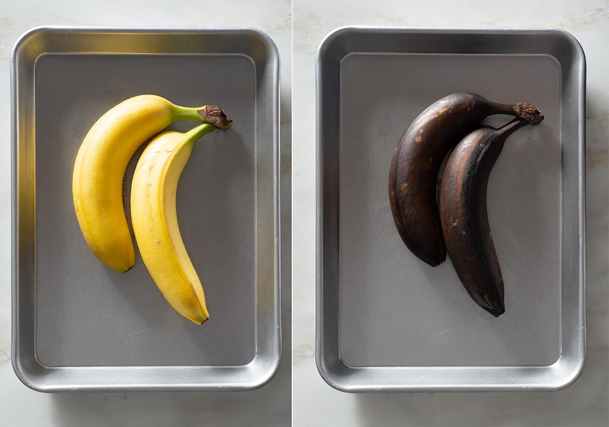 Two yellow and two dark brown bananas on a baking sheet.