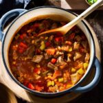 Chuck roast chili in a Dutch oven.