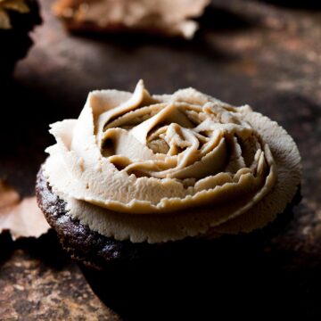A chocolate cupcake with maple mascarpone frosting.