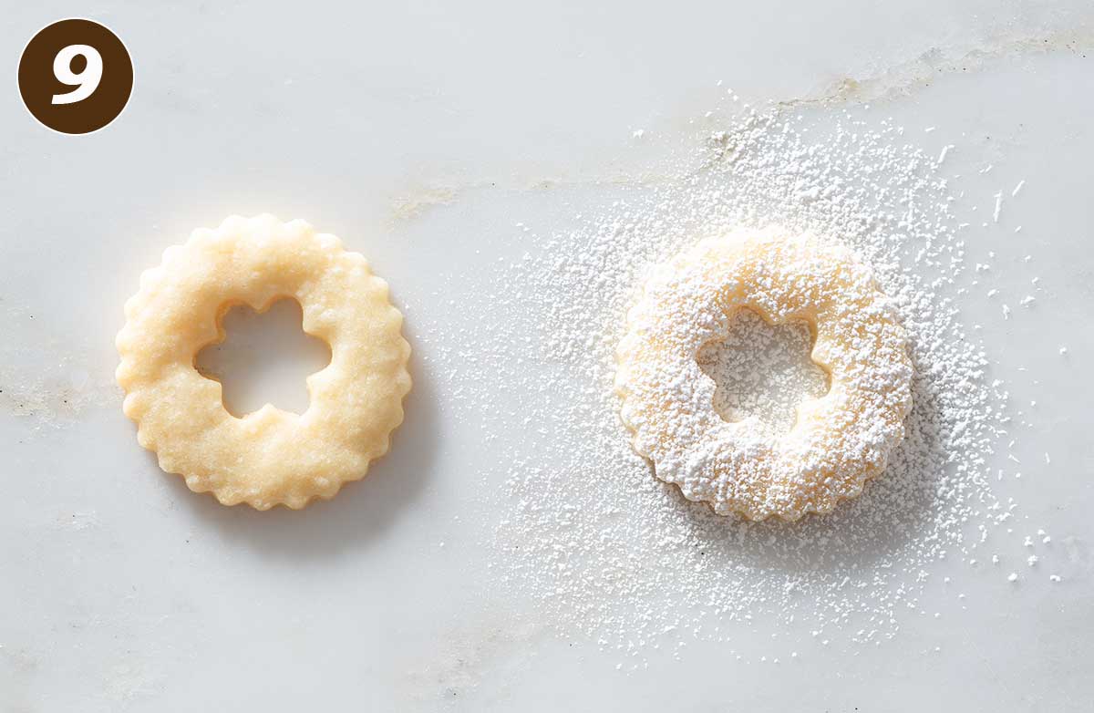 A Linzer cookie before and after sugar dusting.
