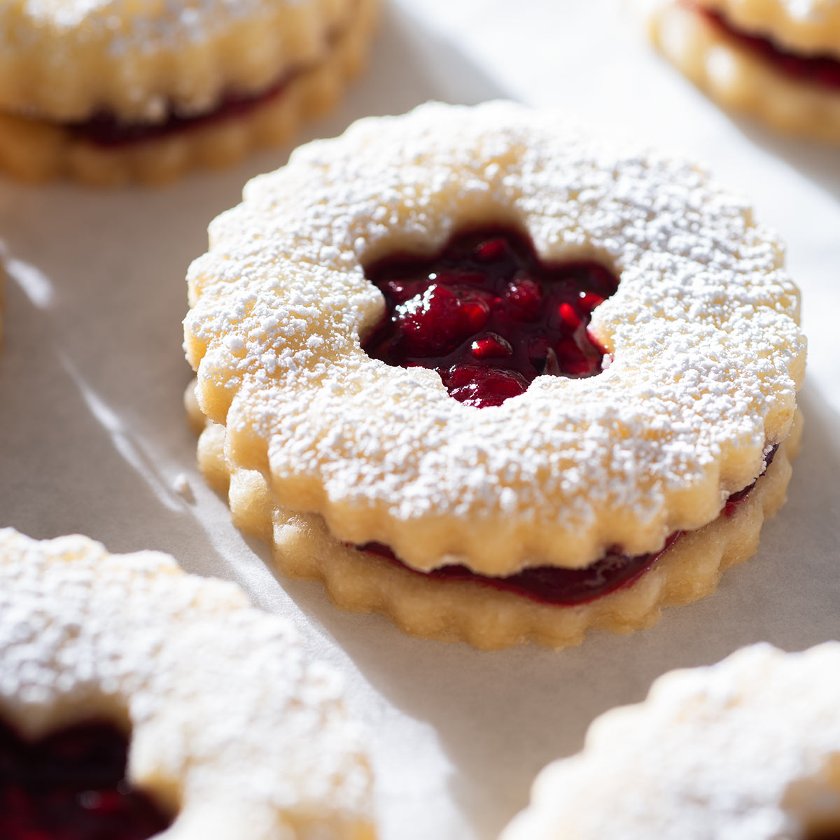 Closeup of spiced Linzer cookies.