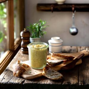 A jar of homemade mustard in a rustic kitchen.