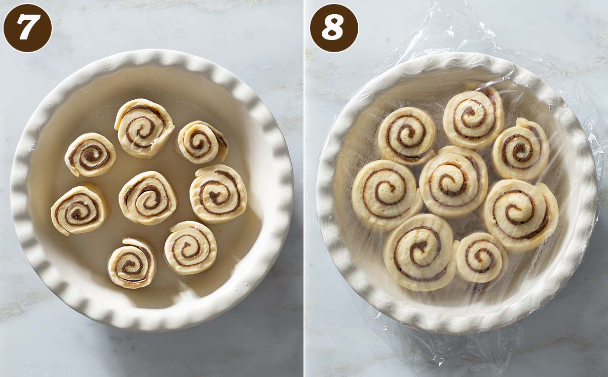 Unbaked cinnamon rolls before and after rising.