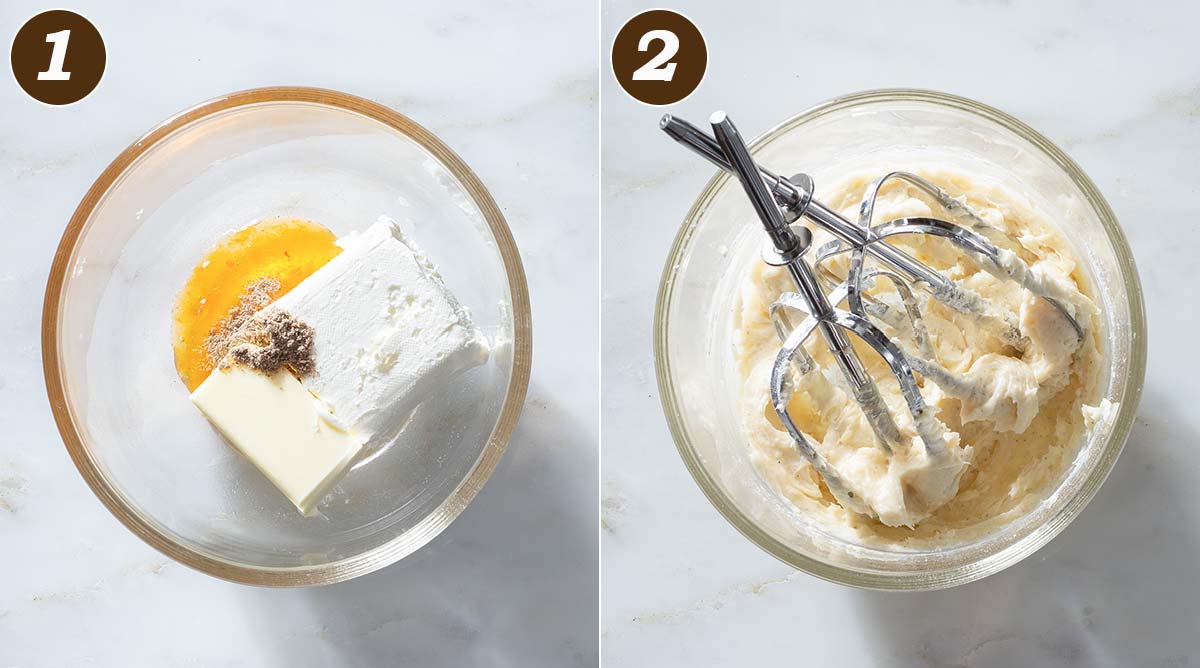 Apricot cream cheese frosting preparation in two steps.