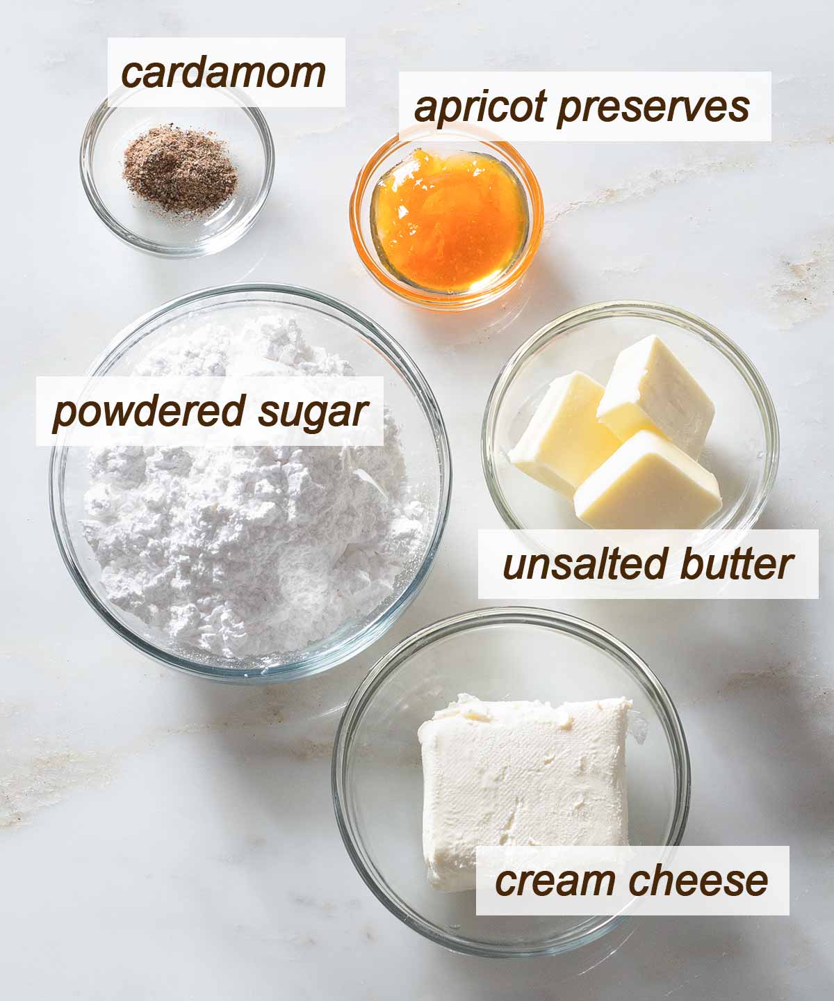 Apricot cream cheese frosting ingredients.