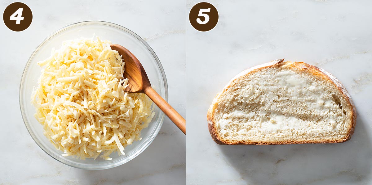 A bowl with cheese and a slice of buttered bread.