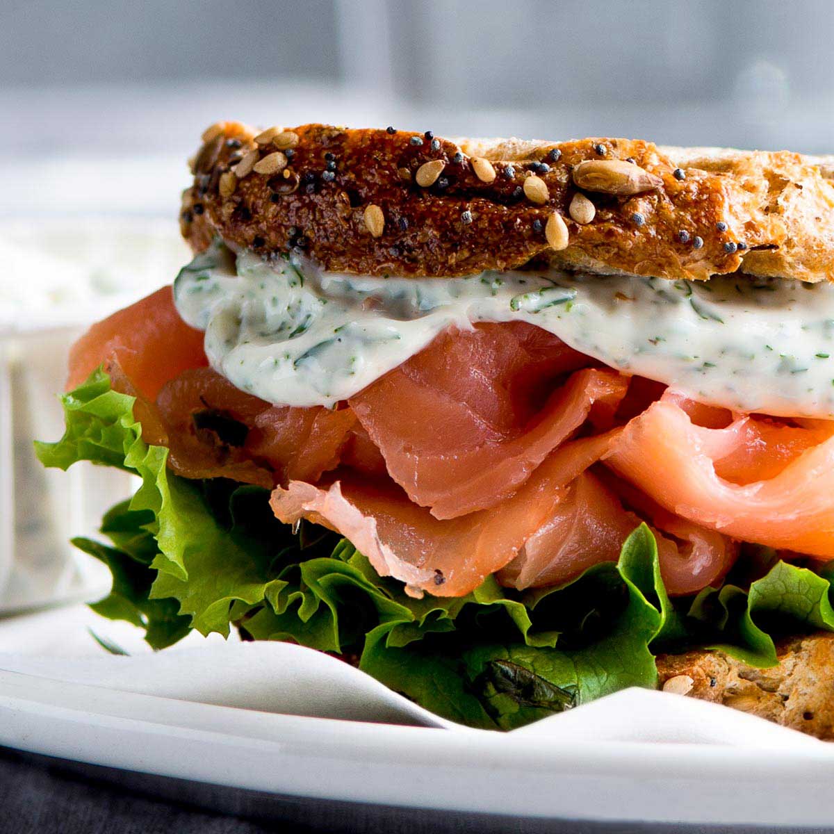 Smoked salmon panini with lettuce and dill mayonnaise.