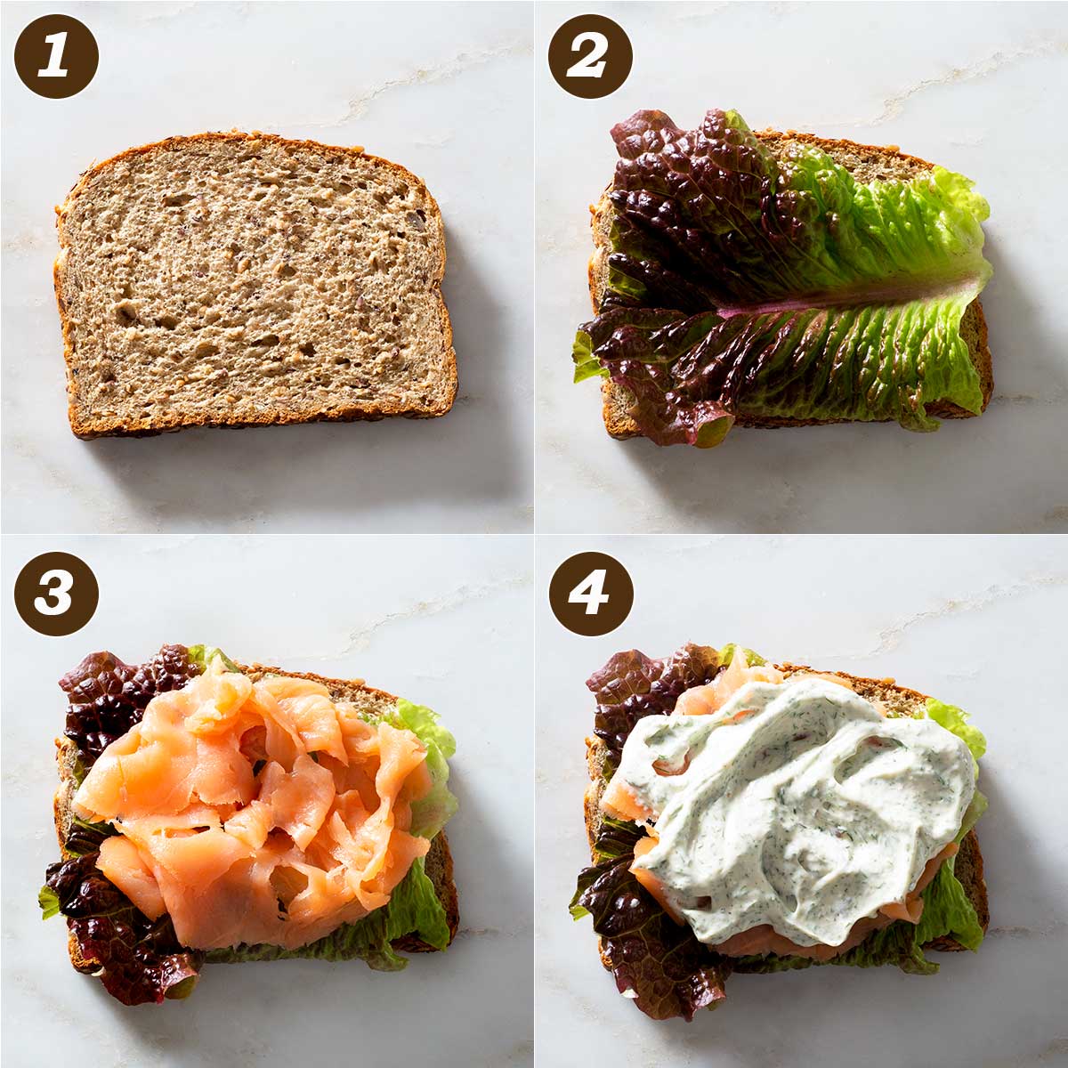 Smoked salmon sandwich preparation in four steps.