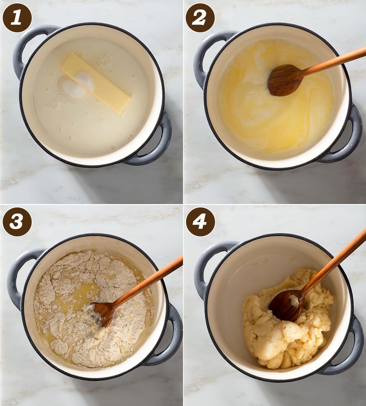 Choux pastry dough preparation in four steps.