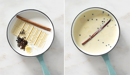 Cream, white chocolate and spices in a saucepan.