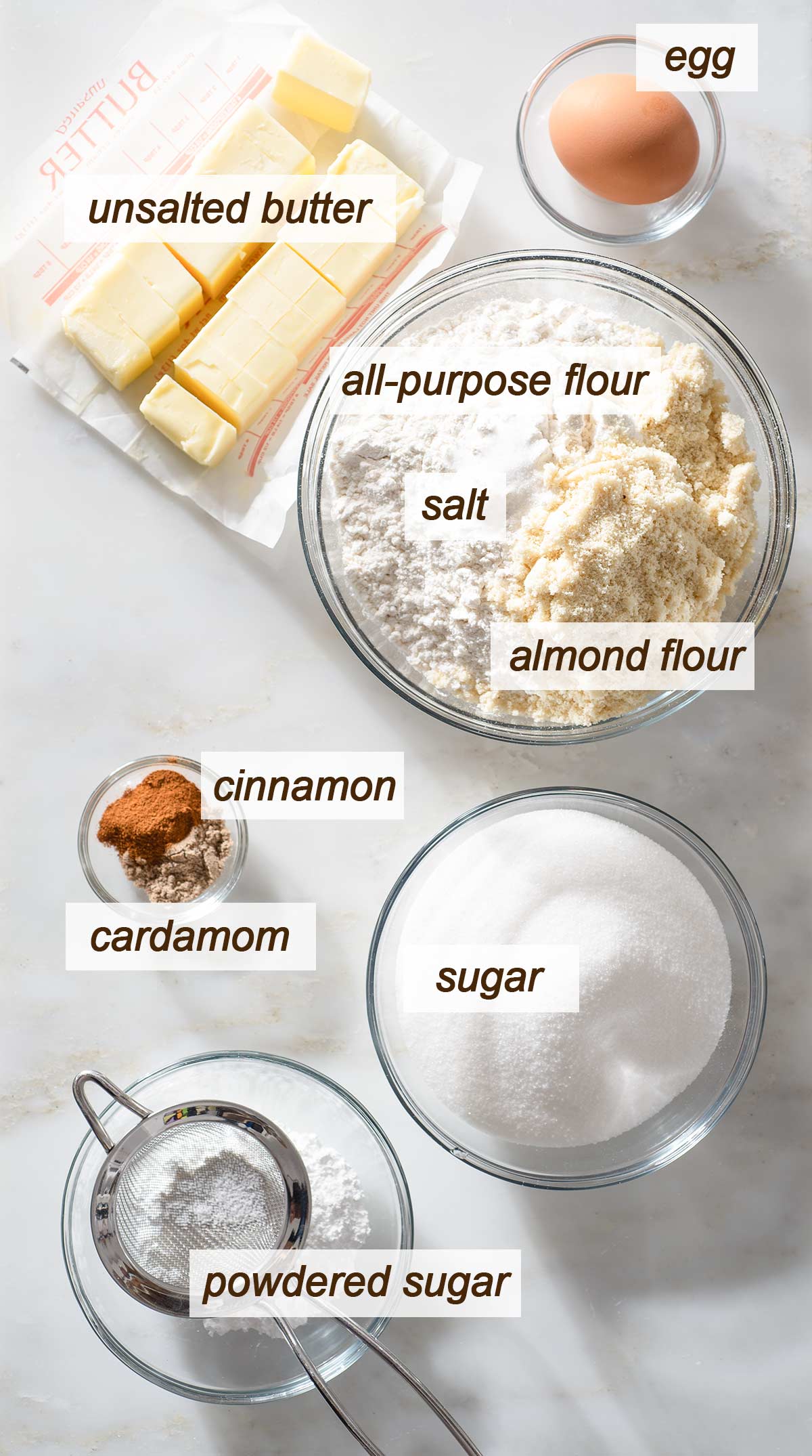 Cookie dough ingredients on a kitchen counter.