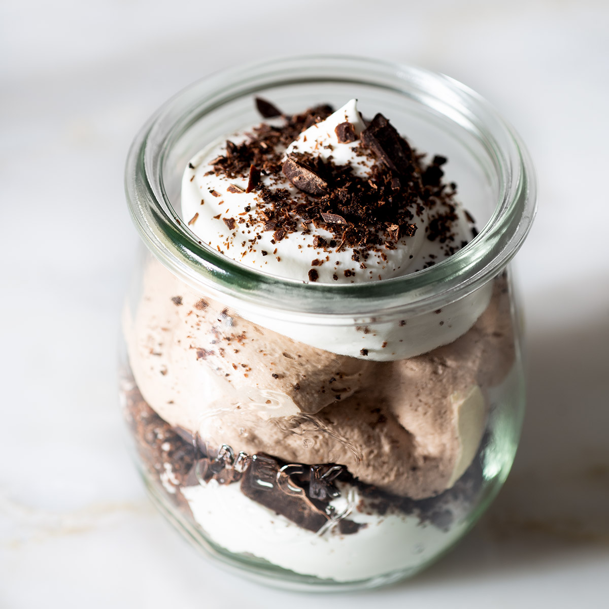 A mini chocolate trifle in a jar.