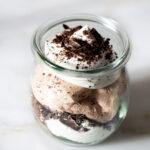 Mini chocolate mascarpone trifle in a jar.