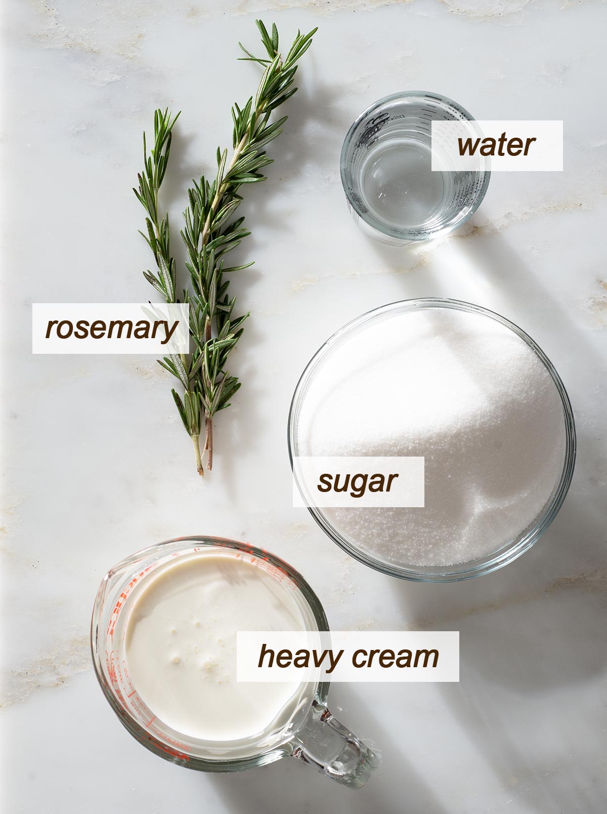Rosemary caramel ingredients on a table.
