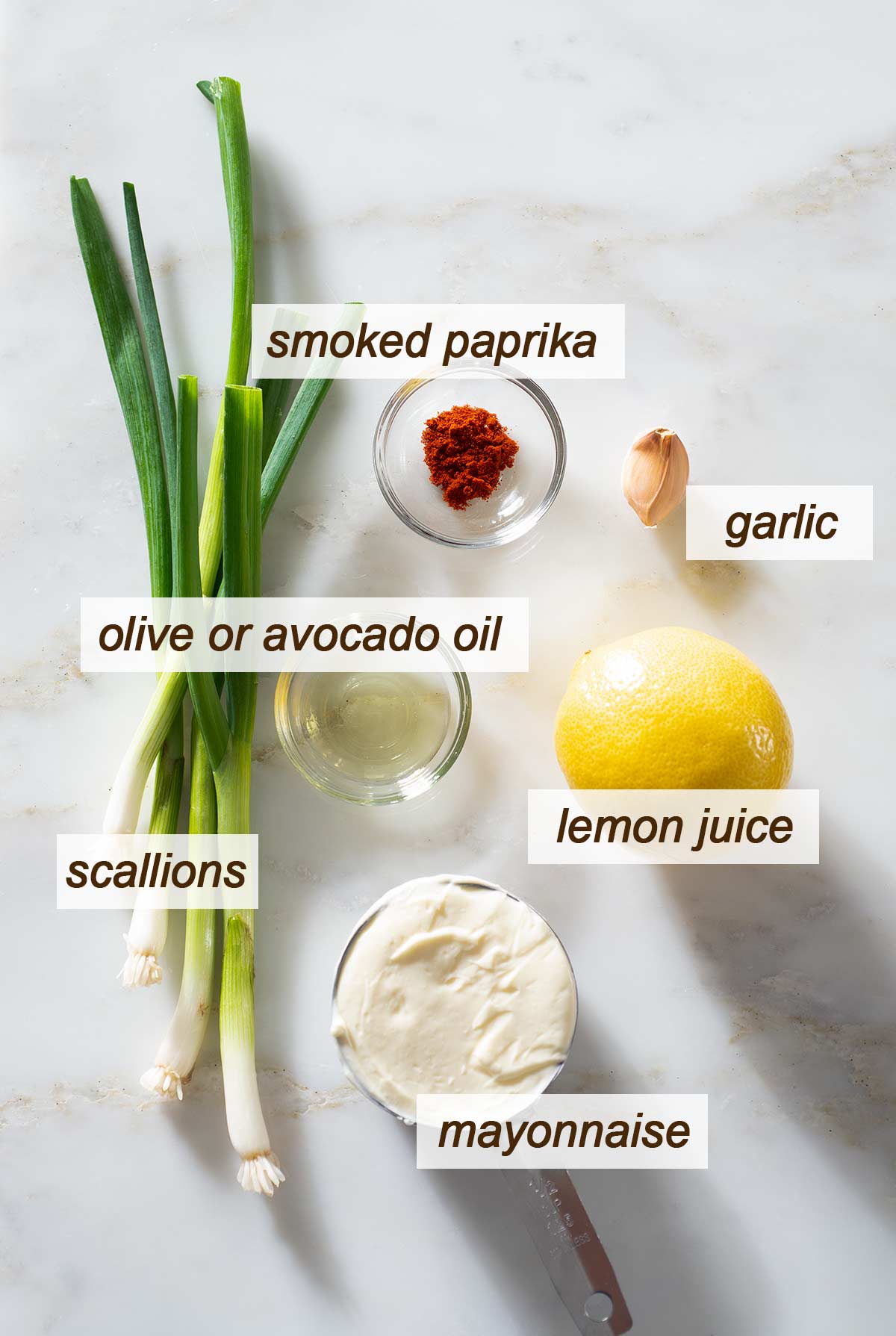 Scallions, smoked paprika, garlic, lemon, mayonnaise and oil.