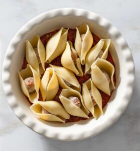 Meatball-stuffed shells and sauce in a baking dish.