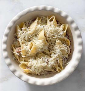 Meatball-stuffed shells, sauce and cheese in a baking dish.