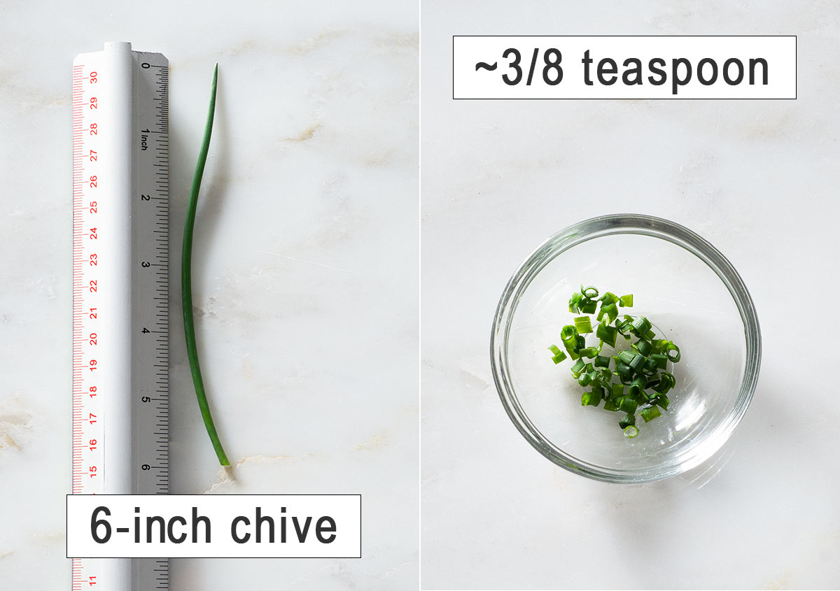 A sprig of chive and finely chopped chive.