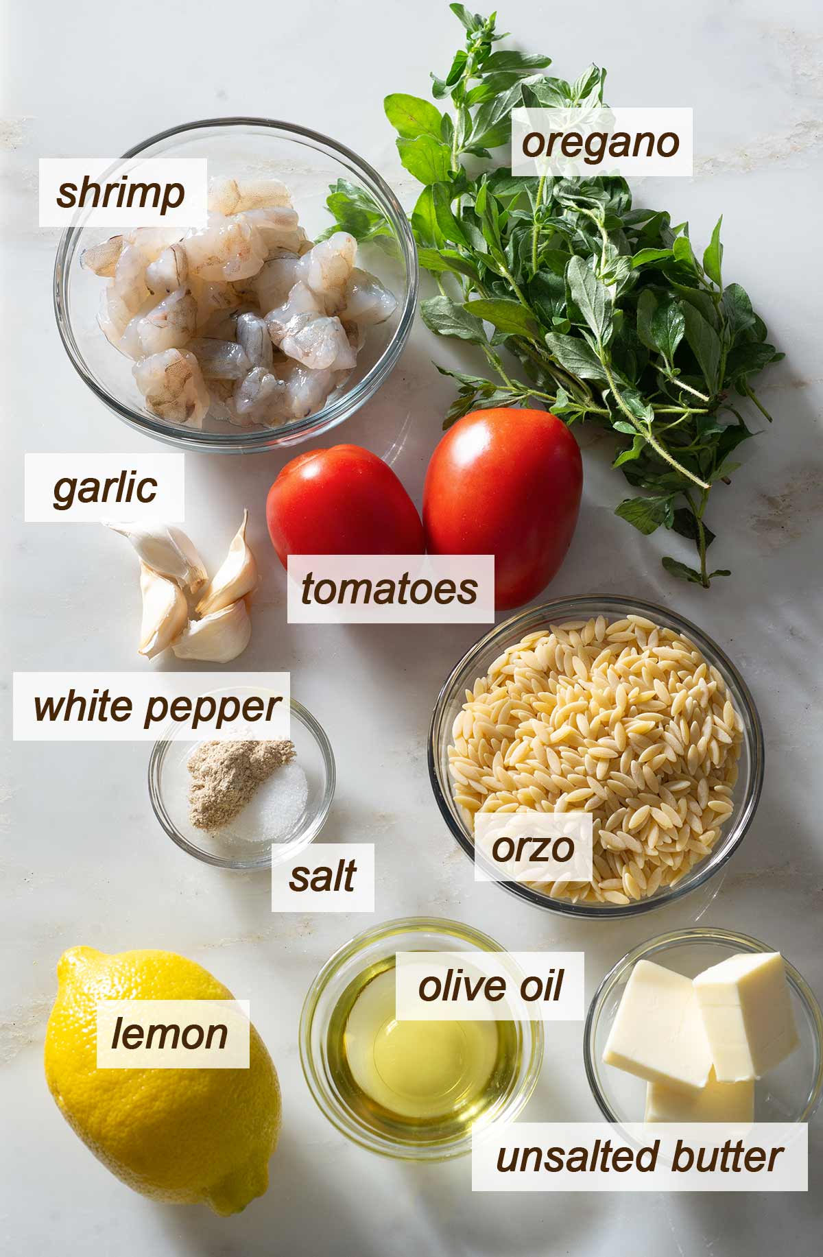 Orzo shrimp scampi ingredients on a kitchen counter.