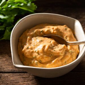 Smoked paprika aioli in a small bowl with a spoon.