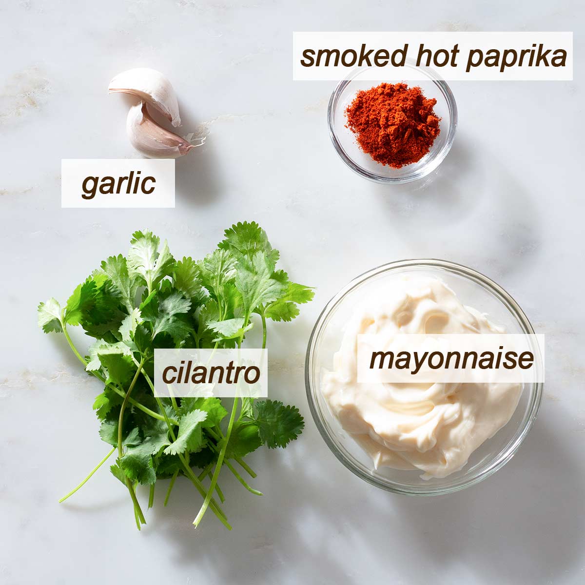 Garlic, cilantro, smoked paprika and a bowl of mayonnaise.