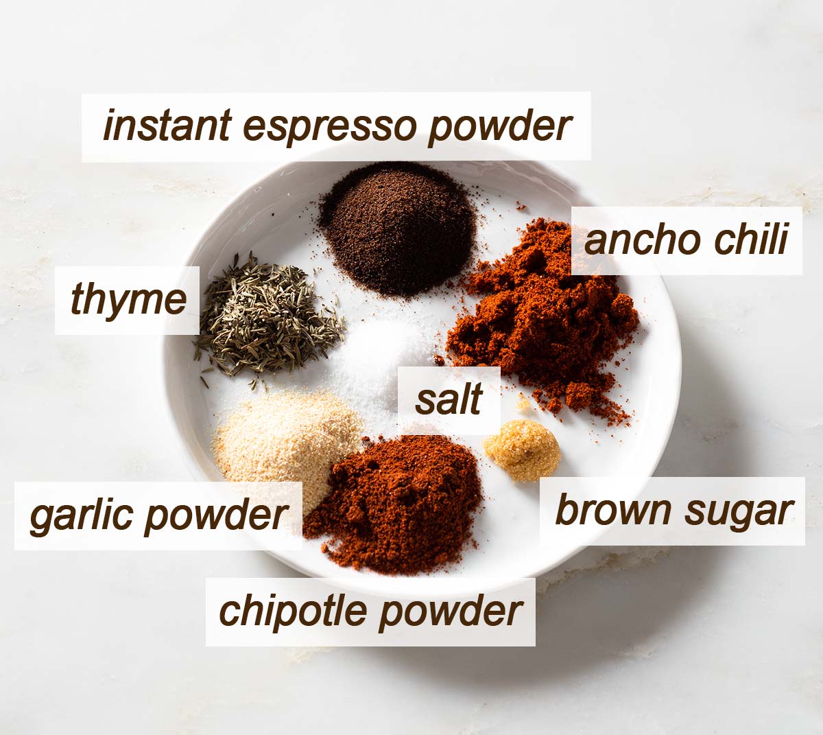 Espresso powder, ancho, salt, brown sugar, chipotle, garlic powder and thyme.