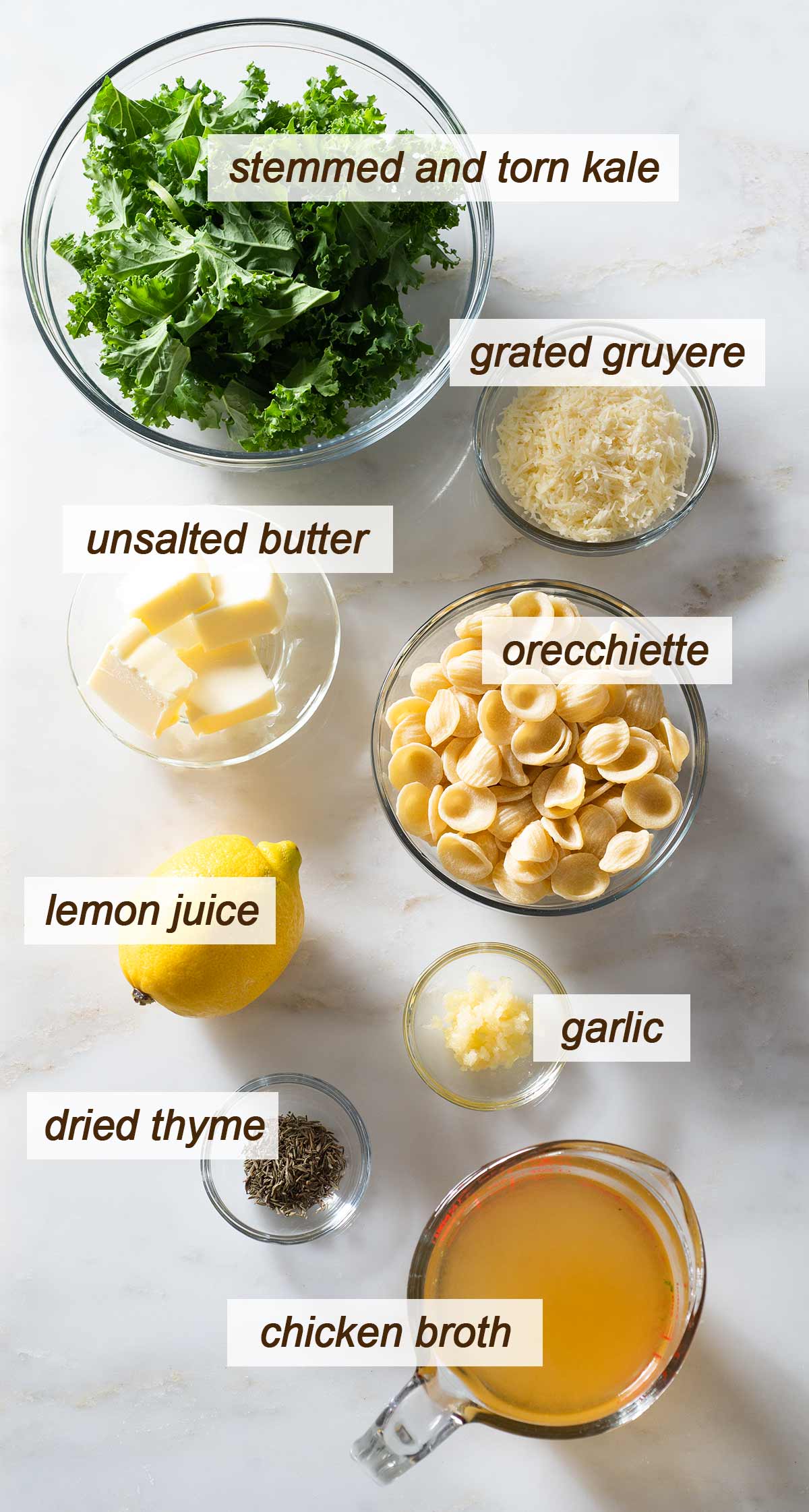 Lemon garlic kale gruyere pasta ingredients.