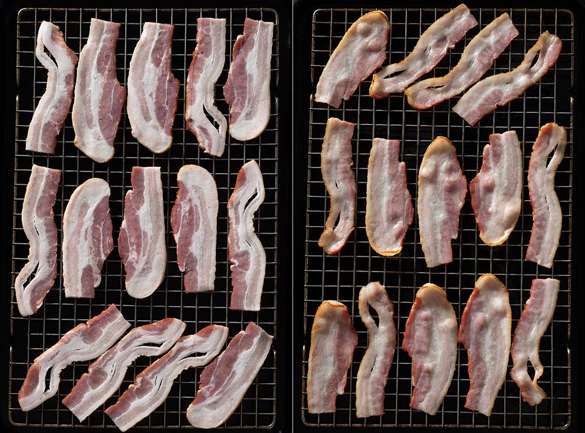 Bacon slices on a baking sheet with wire rack.