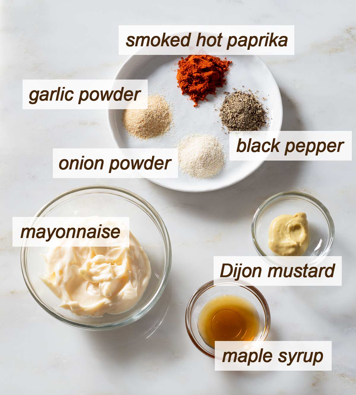 Smoked paprika, garlic powder, onion powder, pepper, mayonnaise, Dijon and maple syrup.