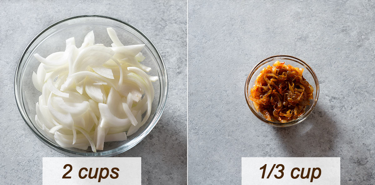 Bowls with sliced and caramelized onion.