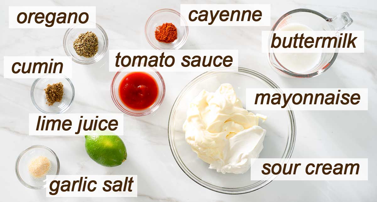 Spicy ranch dressing ingredients.
