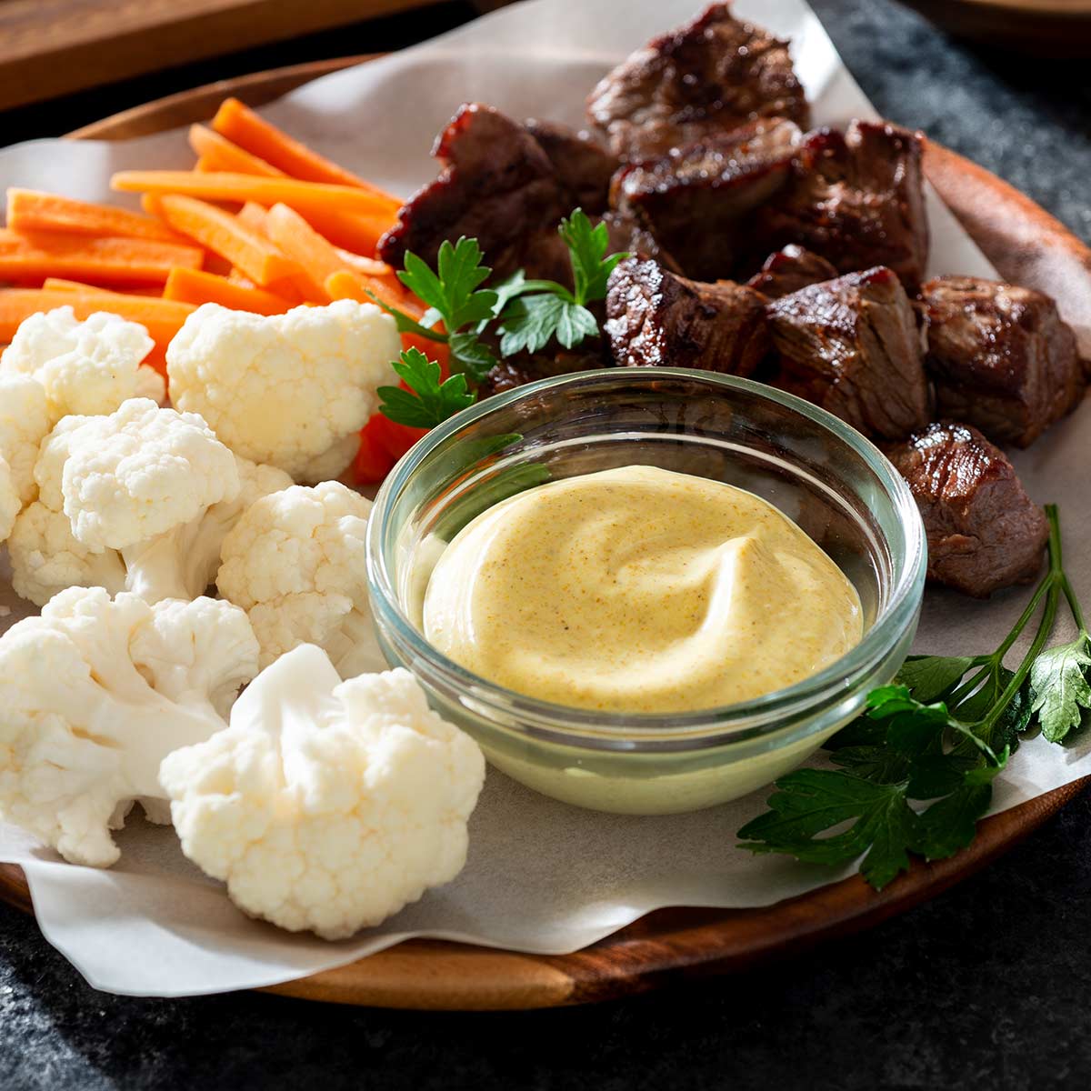 Cauliflower, carrot and steak with curry dipping sauce.