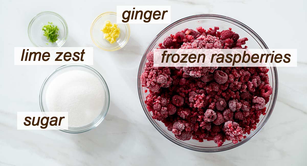 Frozen raspberries, sugar, lime zest and grated ginger.