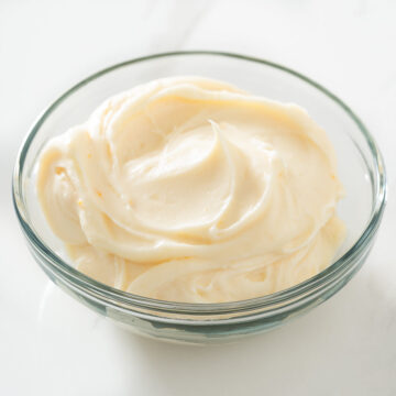 Bourbon cream cheese frosting in a bowl.