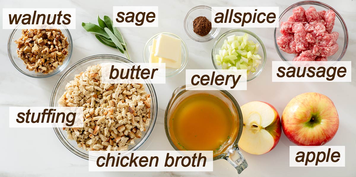 Walnuts, sage, allspice, sausage, butter, celery, chicken broth, stuffing and apples.