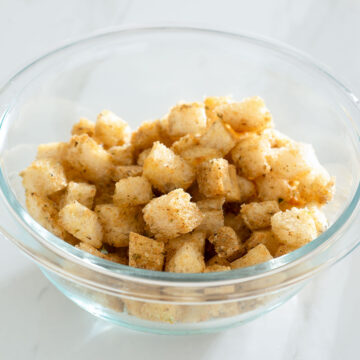 Baked croutons in a bowl.