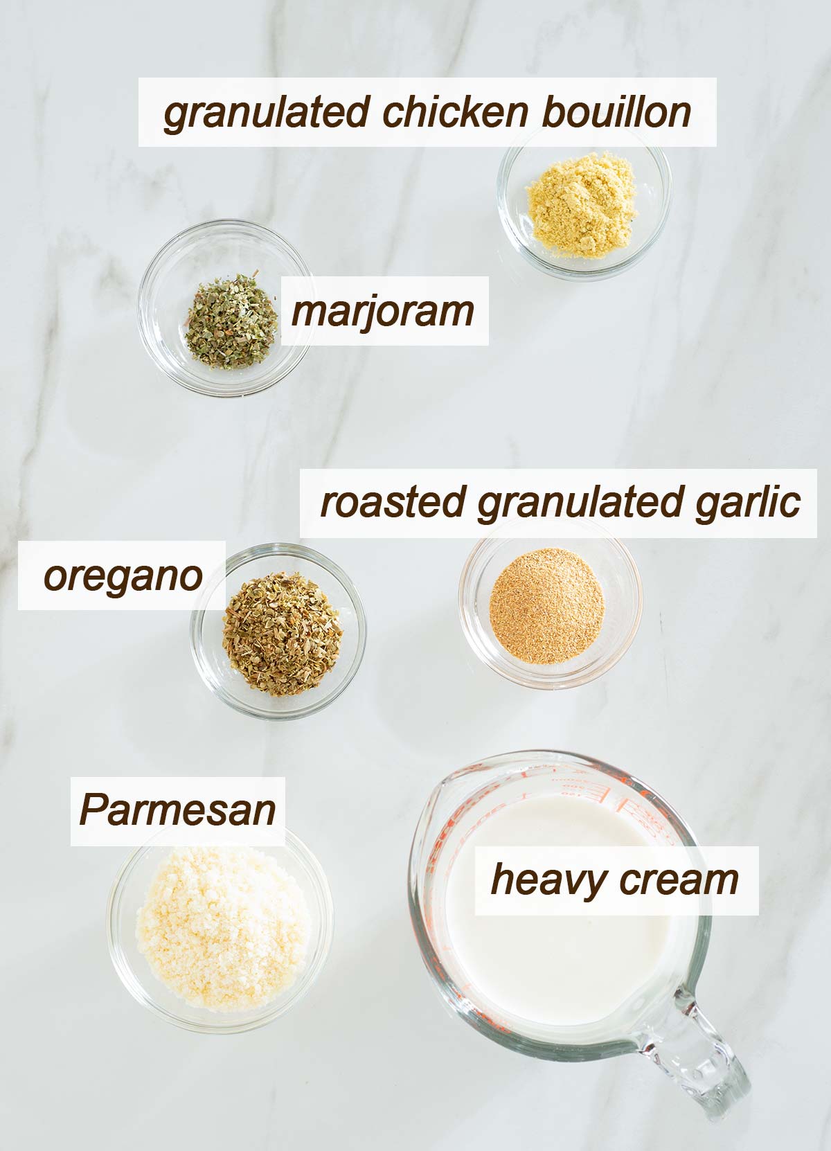 Cream, parmesan, oregano, roasted granulated garlic, marjoram and granulated chicken bouillon.