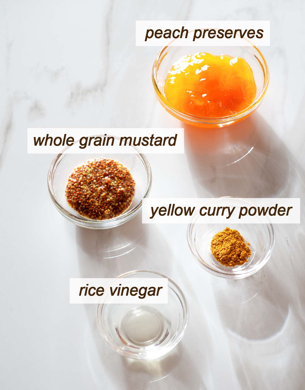 Peach preserves, whole grain mustard, curry powder and rice vinegar.