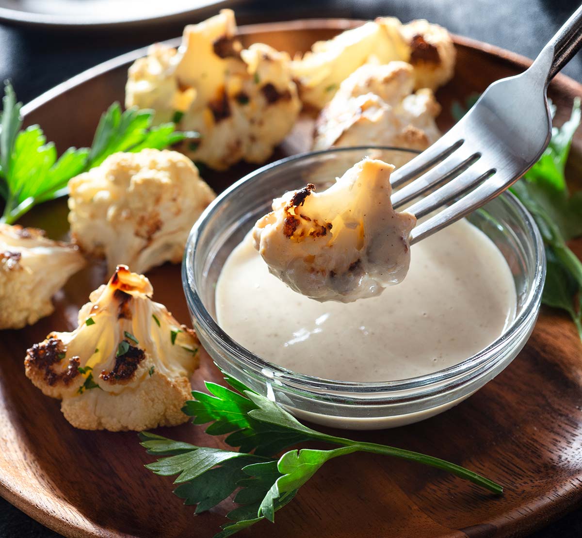 Roasted cauliflower with tahini sauce.