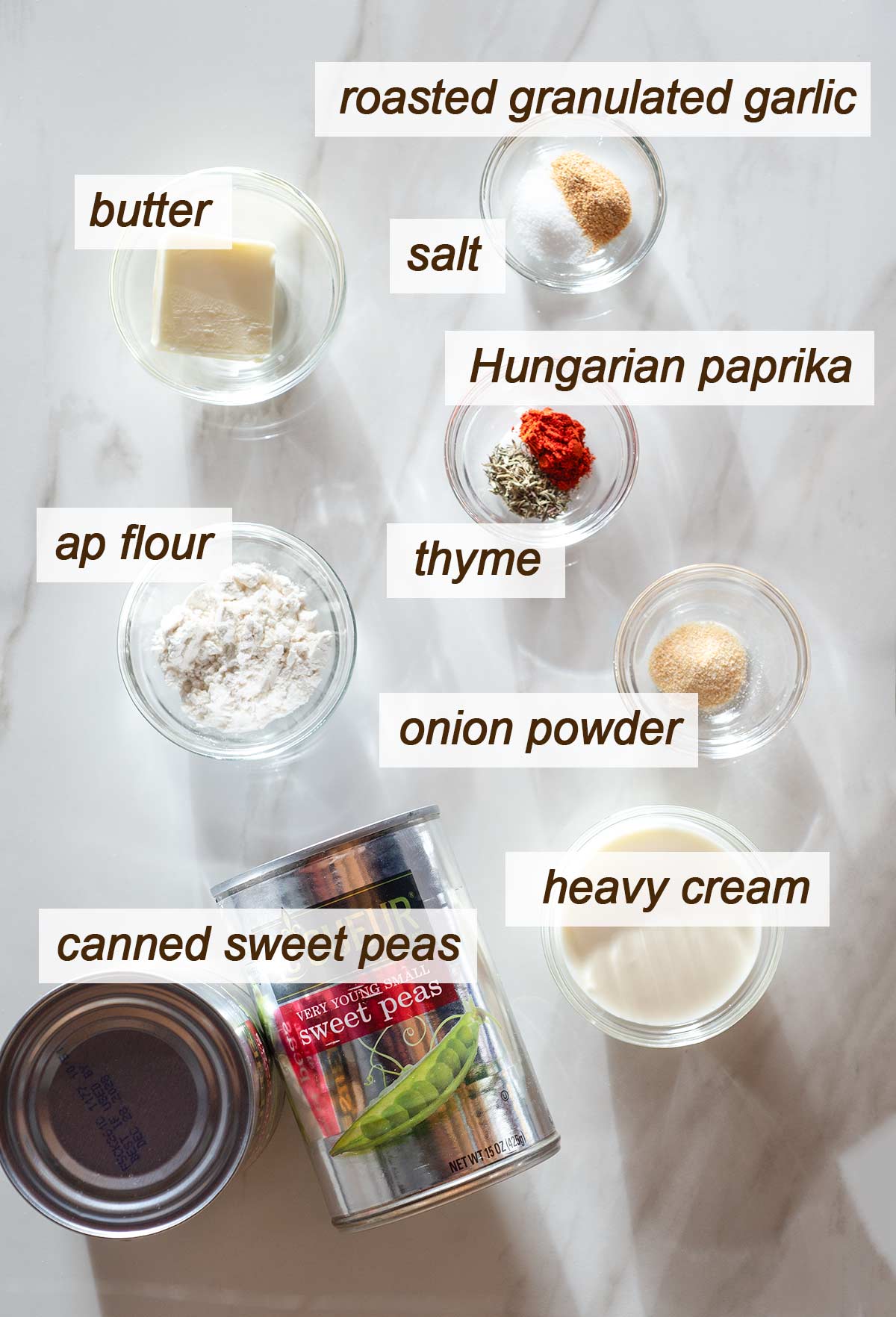Butter, roasted granulated garlic, salt, paprika, ap flour, thyme, onion powder, cream and canned peas.