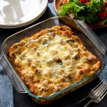 Brussels sprouts strata on a table.